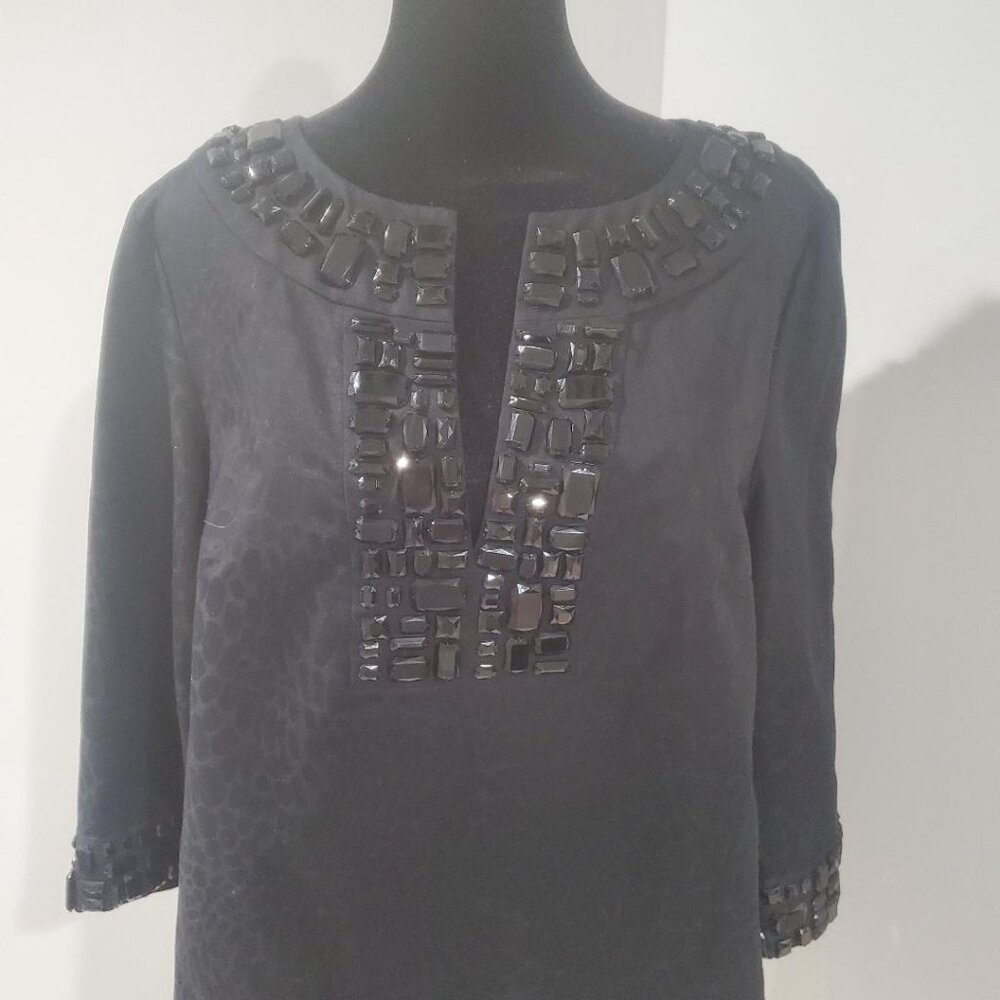 Michael Kors Black Animal Print Tunic Top /Black Embellished Plastic Beading  L